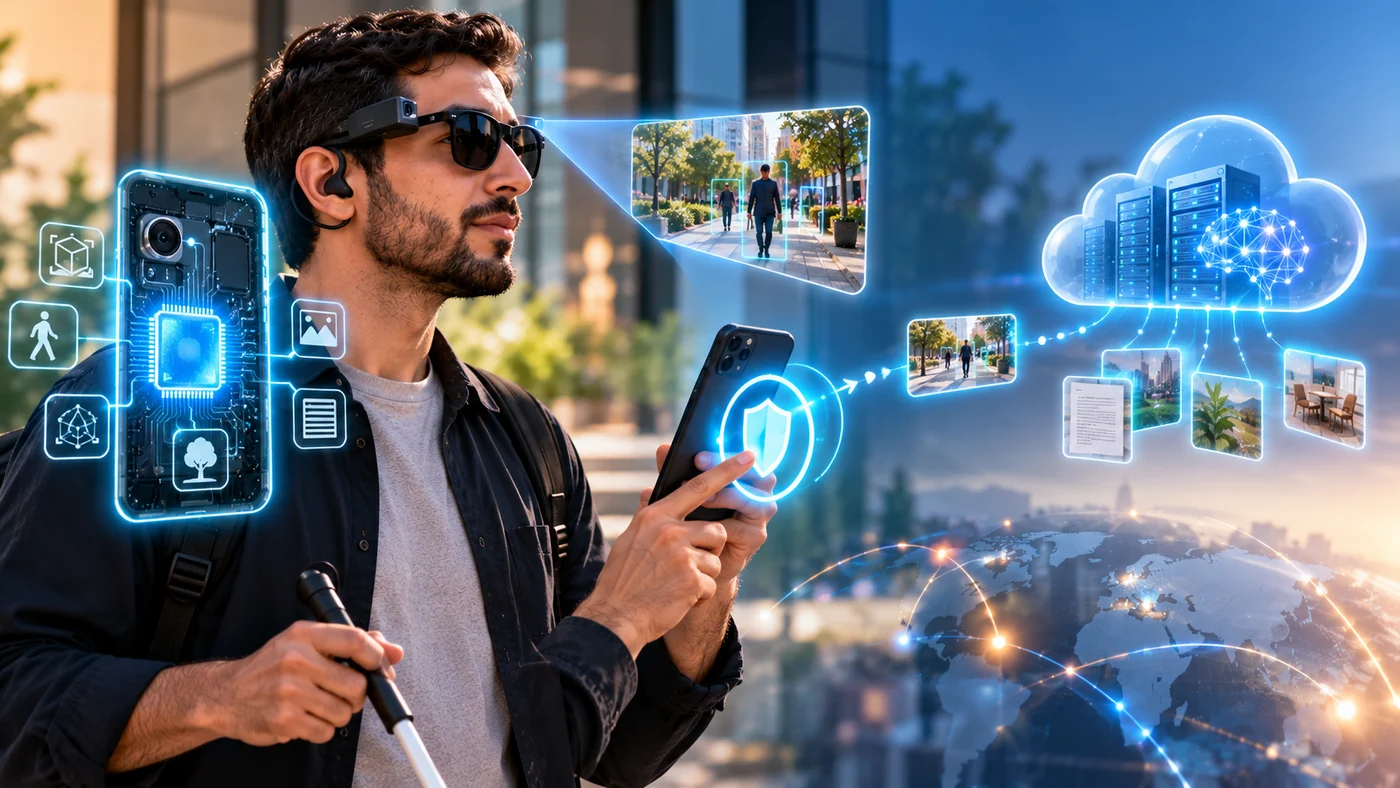 Conceptual illustration of local phone processing and optional cloud intelligence with privacy protection