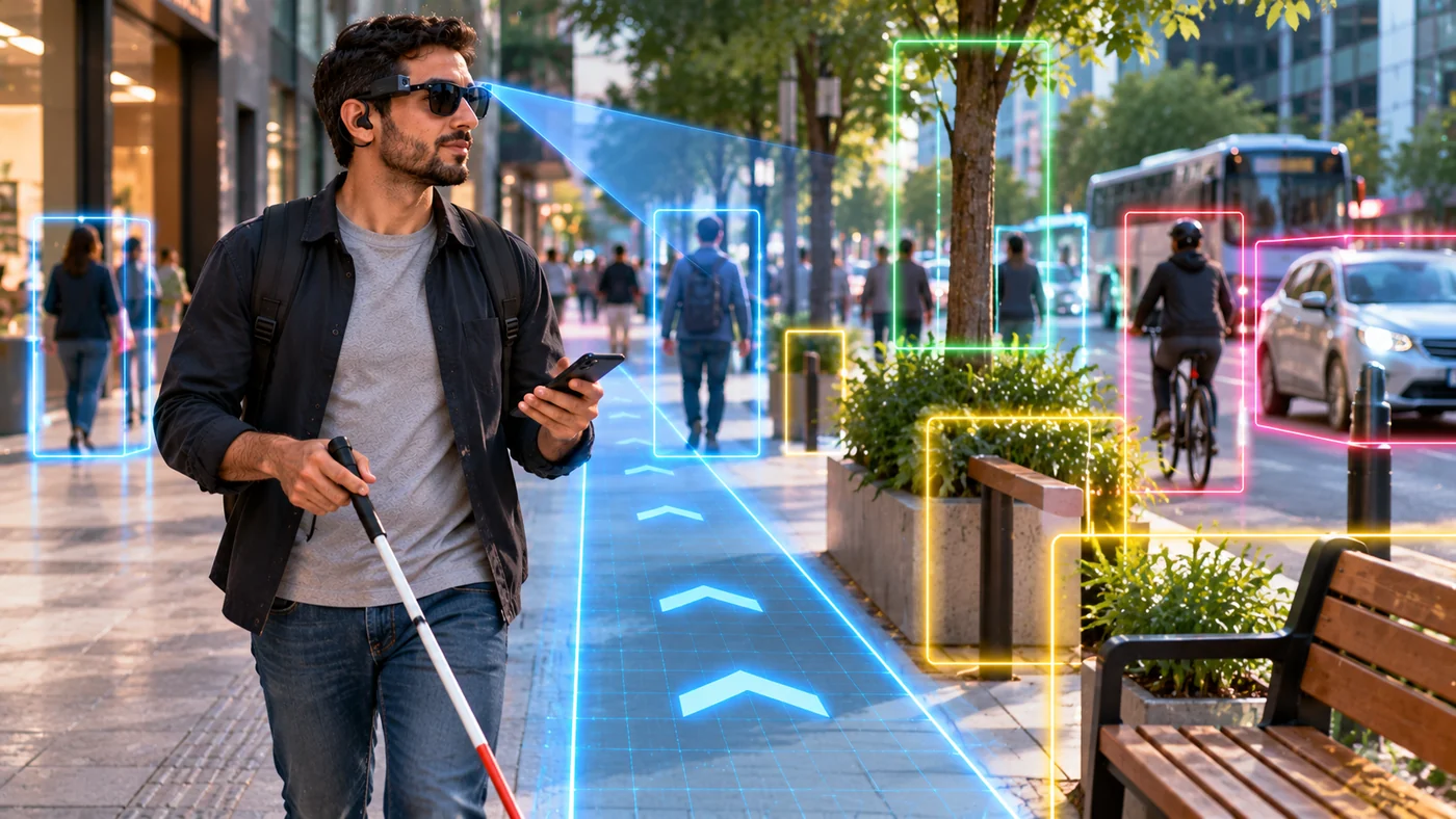 Future BASIRA concept combining wearable visual perception with a highlighted walking path in a city